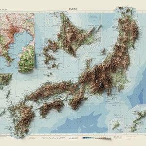 Japan - Vintage Topographic Map C. 1958 - Shaded Relief Map - Etsy