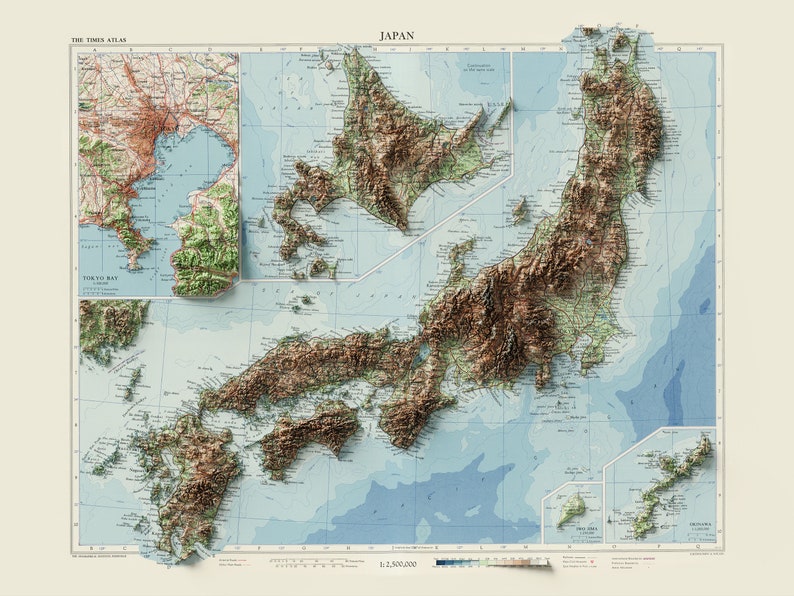 Japan - Vintage Topographic Map C. 1958 - Shaded Relief Map - Etsy
