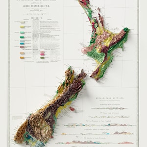 Carta geologica della Nuova Zelanda - Carta geologica d'epoca - Carta in rilievo ombreggiato immagine 5