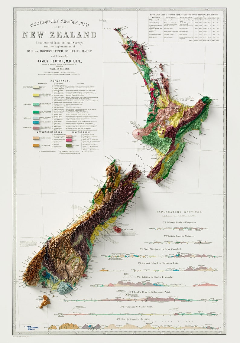 Carta geologica della Nuova Zelanda - Carta geologica d'epoca - Carta in rilievo ombreggiato immagine 5