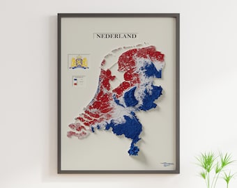 May include: A framed map of the Netherlands with a 3D relief effect. The map is colored in red, white, and blue, representing the Dutch flag. The frame is gray and the map is titled "NEDERLAND".
