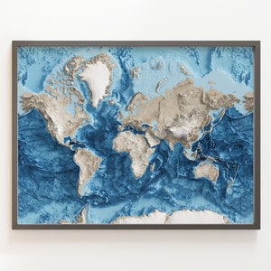Wereldtopografie inclusief reliëfkaart in de schaduw van de oceaanbodem