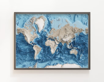 World Topography including Ocean Floor- Shaded Relief Map