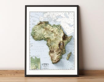 May include: A framed map of Africa with a 3D relief effect, showing the continent's topography in shades of green and brown. The map is titled "Blackwell's Nautical Atlas of the World, AFRICA."