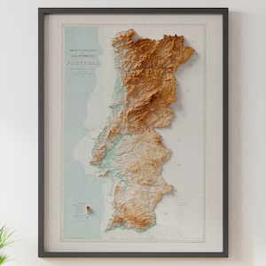 Carte hypsométrique du Portugal (vers 1906) - carte topographique vintage - carte en relief ombrée