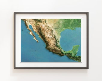 May include: A framed map of Mexico with a detailed topographic relief showing the country's mountains, valleys, and coastline. The map is printed in shades of green, brown, and blue, and is surrounded by a grey frame.