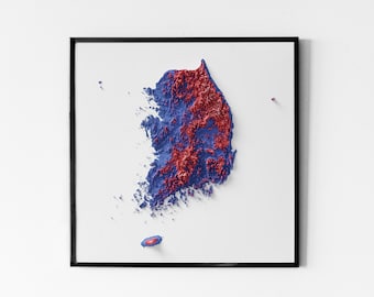 South Korea - Shaded Relief Map - National Flag Colours