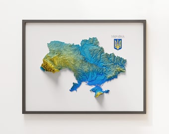 Ucraina - Mappa in rilievo ombreggiato - Colori della bandiera