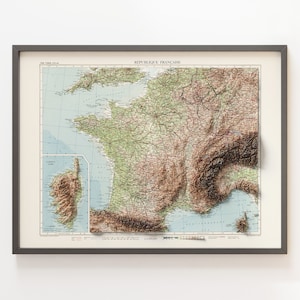 République française (France) - ancienne carte topographique v. 1958 - Carte en relief ombrée