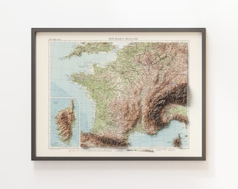République française (France) - Vintage Topographic Map c. 1958 - Shaded Relief Map