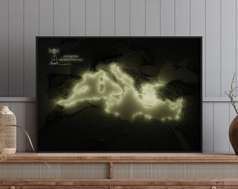 Faróis do Mar Mediterrâneo - Mapa de Relevo Sombreado Moderno - Arte de Parede