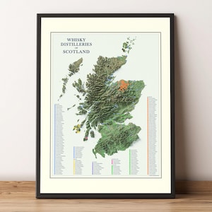 Distilleries de whisky écossais - Carte moderne en relief ombragé - Art mural