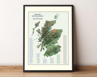 Scotch Whisky Distilleries of Scotland - Modern Shaded Relief Map - Wall Art