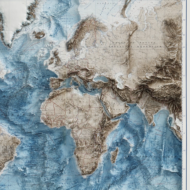 Vintage World Topographic Map c.1961 Vintage Map Shaded Relief Map image 7