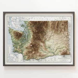 Washington State (um 1925) - Vintage topographische Karte - Reliefkarte