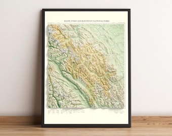 Parcs nationaux Banff, Yoho et Kootenay | Alberta et Colombie-Britannique, Canada | Carte topographique du relief ombragé