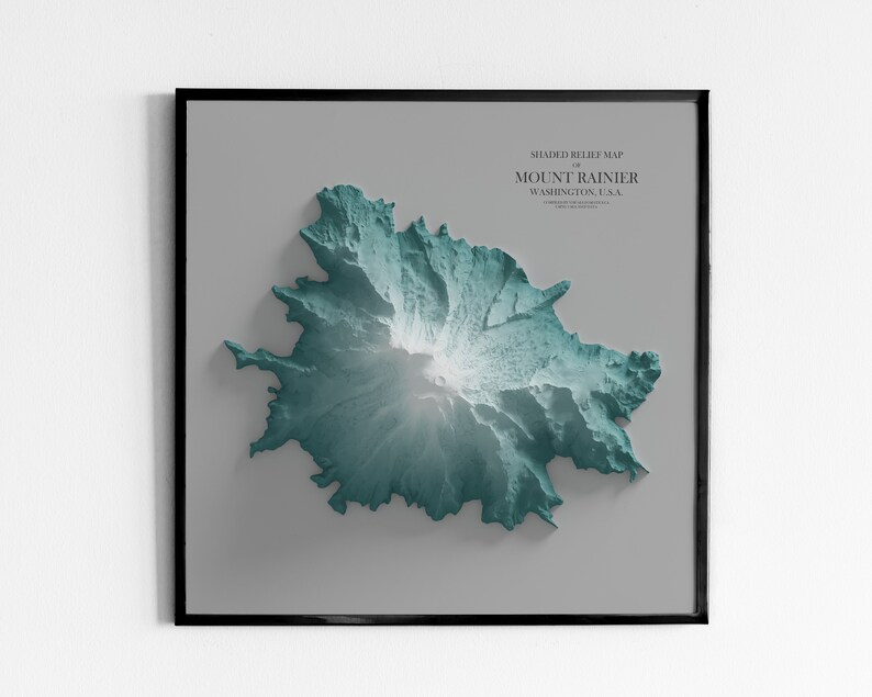 Washing Exaggerated Relief Map Poster Mount Rainier