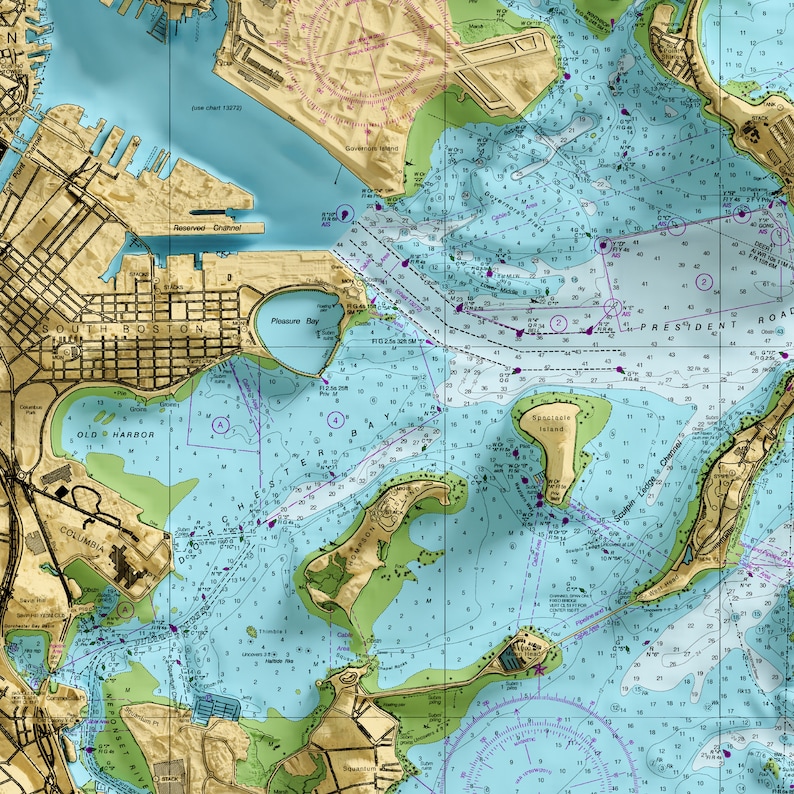 Boston Harbor - Nautical Shaded Relief Chart - Etsy