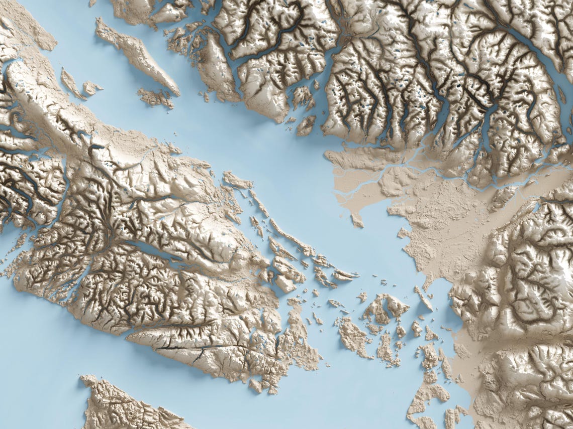 Vancouver Island and Southwest British Columbia - Shaded Relief Map ...