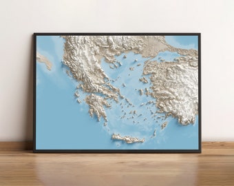 May include: A framed map of Greece with a blue background and white lines showing the terrain. The map is framed in a black frame.