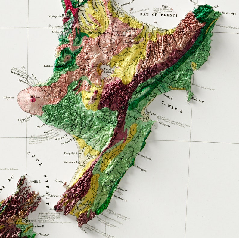 Carta geologica della Nuova Zelanda - Carta geologica d'epoca - Carta in rilievo ombreggiato immagine 3