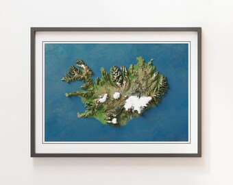 May include: A framed map of Iceland with a 3D effect, showing the island's terrain and coastline. The map is printed on a white background and framed in a dark gray frame.