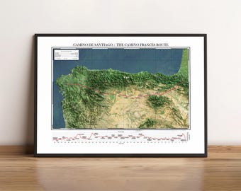 Camino de Santiago - Chemin de pèlerinage du Camino Francés, Espagne, France - Carte en relief ombrée