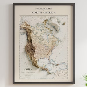 Amérique du Nord - carte topographique vintage v. 1892 - Carte en relief ombrée