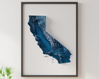 Op de afbeelding: Een ingelijst afdruk van een blauwe 3D-topografische kaart van de staat Californië.