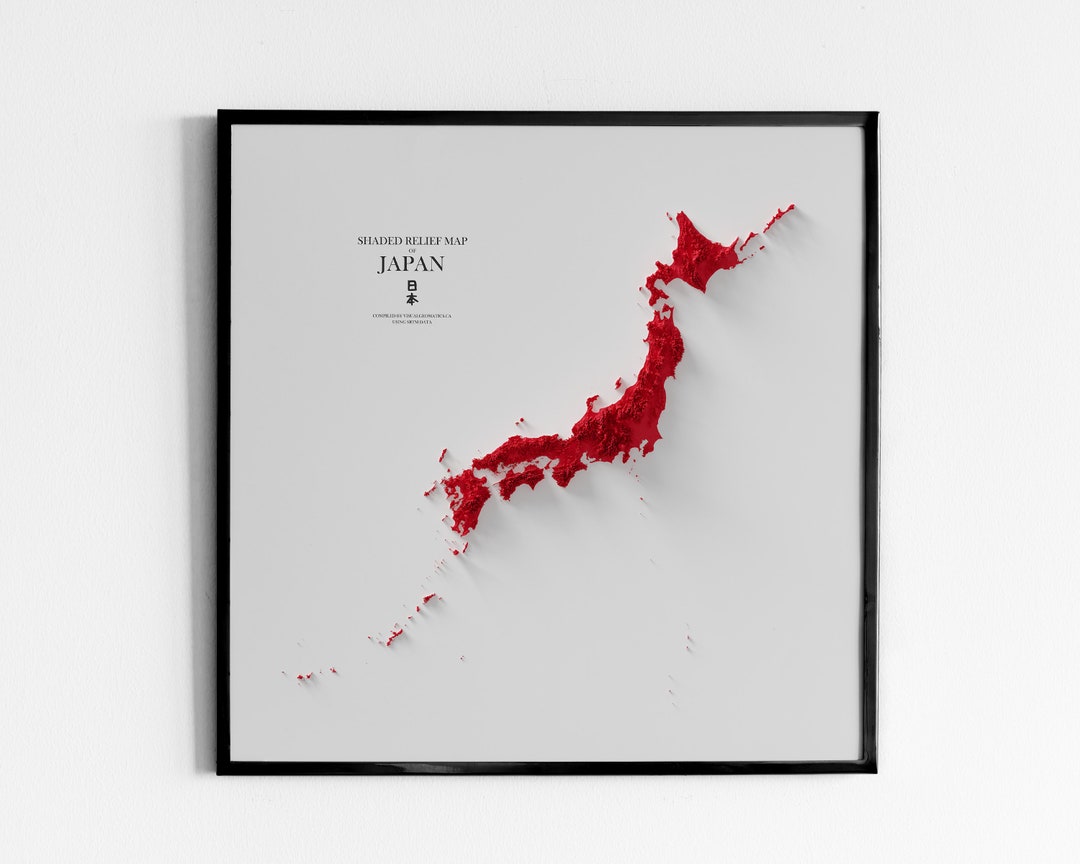 Japan - Shaded Relief Map - Flag Colours - Etsy