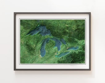 May include: A satellite image of the Great Lakes region of North America. The five Great Lakes are visible in shades of blue, surrounded by green forests.