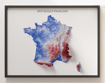 Puede incluir: Un mapa enmarcado de Francia con un efecto de relieve 3D. El mapa está coloreado en tonos de azul y rojo, representando diferentes elevaciones. El título "RÉPUBLIQUE FRANÇAISE" está impreso en la parte superior del mapa.