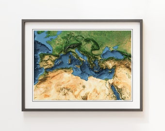 Könnte beinhalten: Eine gerahmte Karte des Mittelmeers und der umliegenden Landmassen. Die Karte ist in einem grauen Rahmen und zeigt die Topographie der Region in Grün-, Braun- und Blautönen.