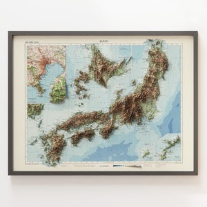 Japon - carte topographique vintage v. 1958 - Carte en relief ombrée