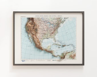 U.S.A., Mexico and Central America - Vintage Topographic Map - Shaded Relief Map