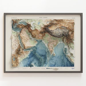 Zuid-Azië en het Midden-Oosten (Indo-Arabië) - vintage topografische kaart c. 1959: gearceerde reliëfkaart