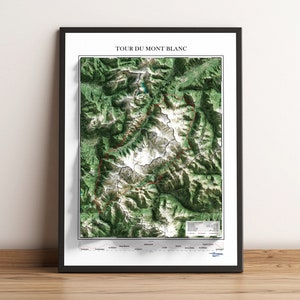 Tour du Mont Blanc-wandeling, Frankrijk, Italië, Zwitserland - gearceerde reliëfkaart