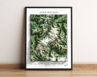 Tour du Mont Blanc Hike, France, Italy, Switzerland - Shaded Relief Map