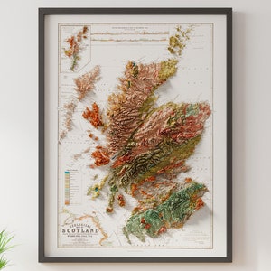 Geologische Karte von Schottland (um 1860) - Vintage Karte - Schattiertes Relief