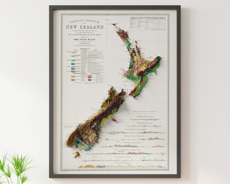 Carta geologica della Nuova Zelanda - Carta geologica d'epoca - Carta in rilievo ombreggiato immagine 1