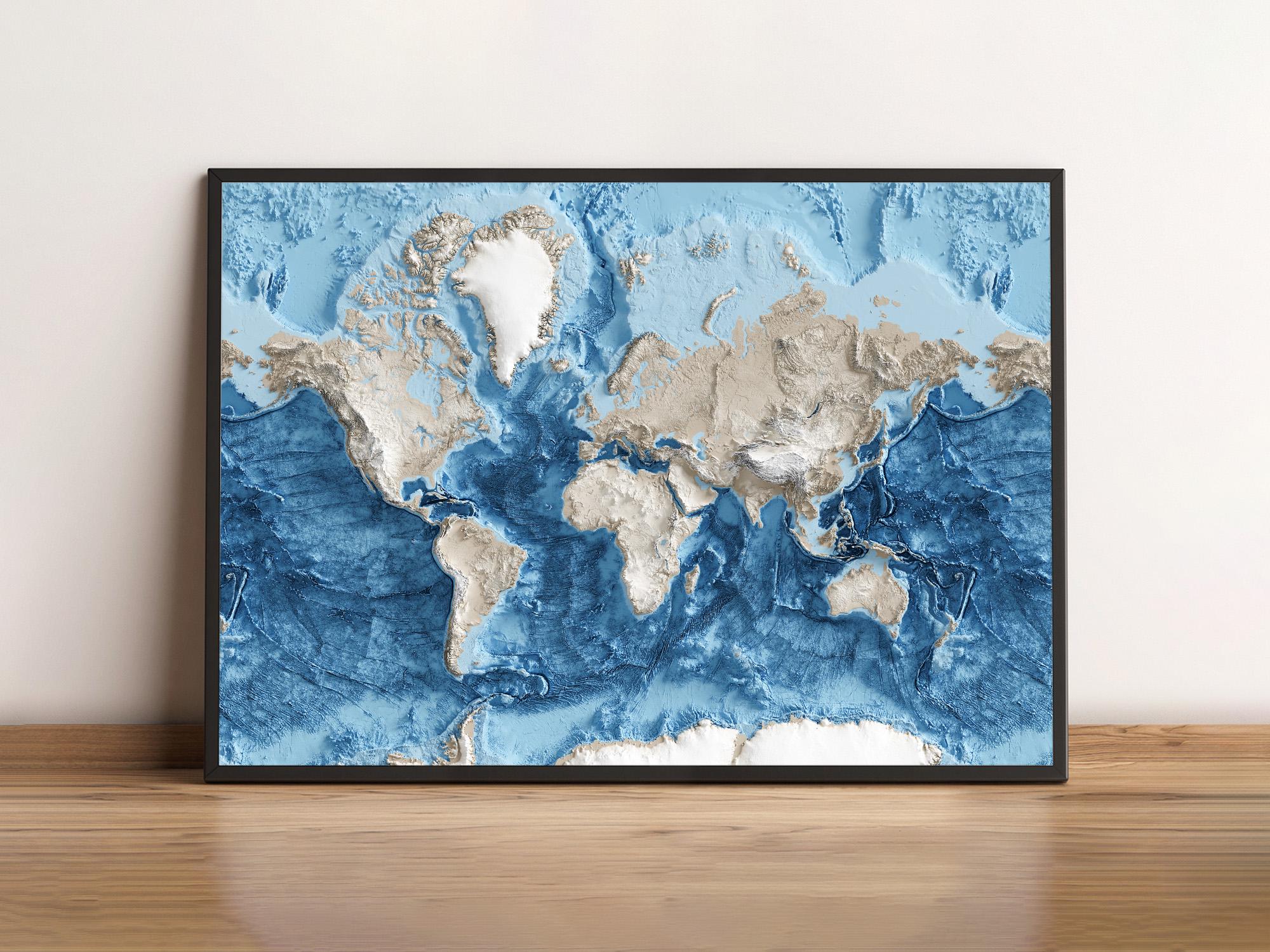 World Topography including Ocean Floor- Shaded Relief Map