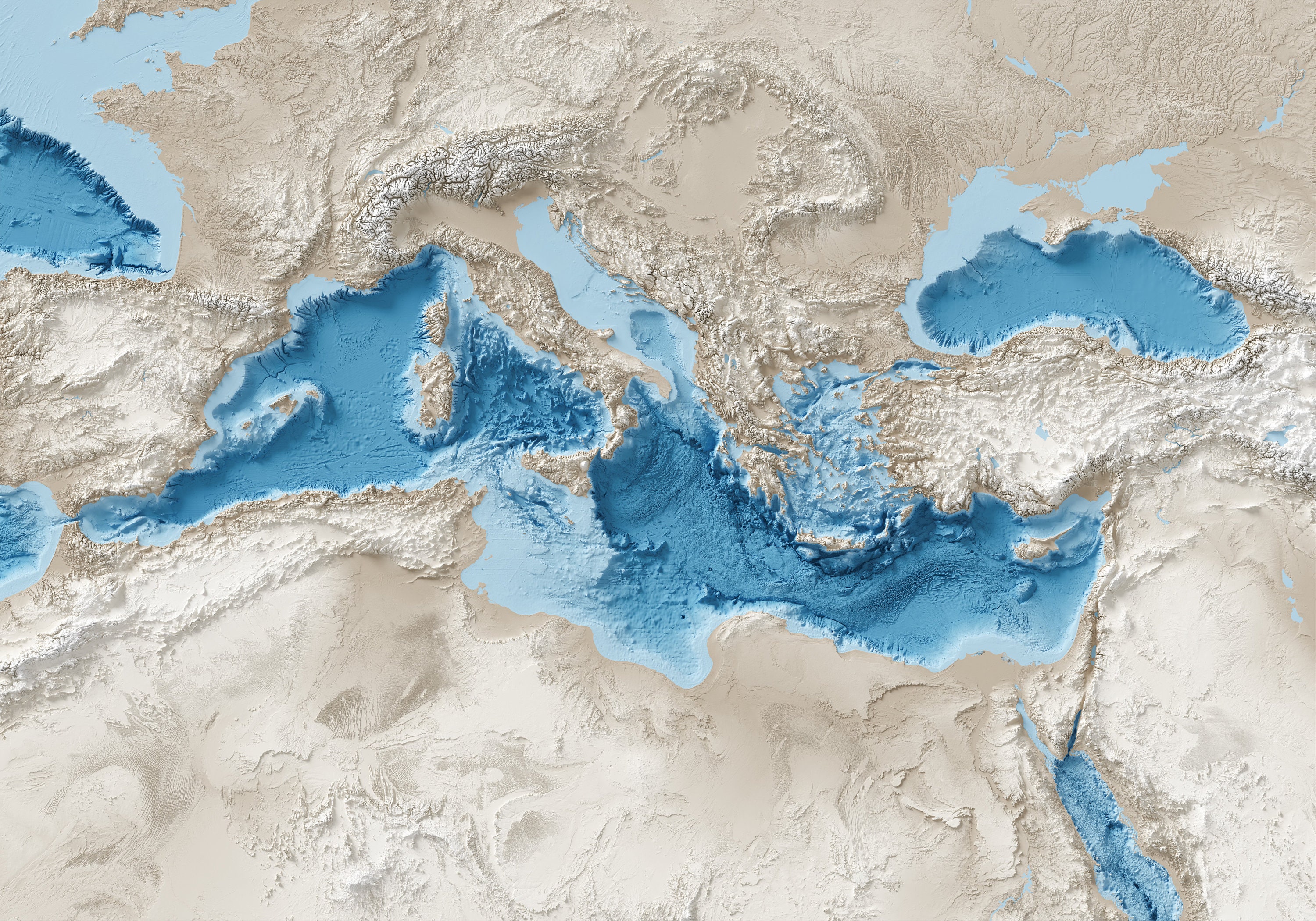 High Resolution Digital Color Map of the Mediterranean Sea and Surrounding  Region High-resolution Map for Self-printing 