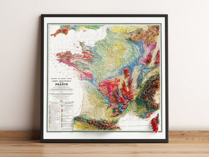 Carte Géologique de la France - France Geological Map - Vintage Geology - Shaded Relief Map image 1