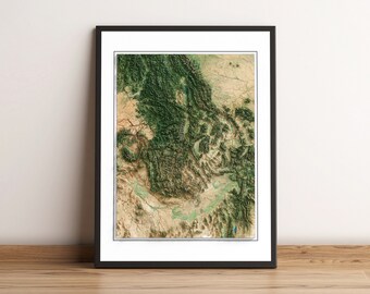May include: A framed map of the Pacific Northwest region of the United States, showing the terrain in shades of green and brown.