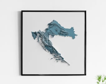 May include: A framed map of Croatia with a 3D embossed effect, showing the country's topography in shades of blue.