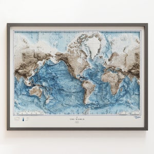 Carte topographique du monde vintage (c.1961) - carte vintage - carte en relief ombrée