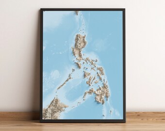May include: A framed map of the Philippines with a blue background and brown topographical lines showing the islands and surrounding water.