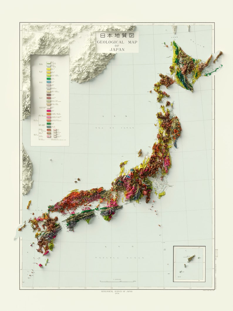 Japan - Vintage Geological Map C. 1956 - Shaded Relief Map - Etsy