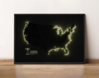 Phares des États-Unis - Carte moderne en relief ombragé - Art mural