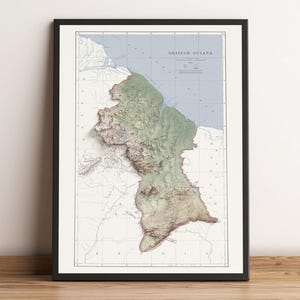 Carte topographique du Guyana (vers 1908) - carte vintage - carte en relief ombrée